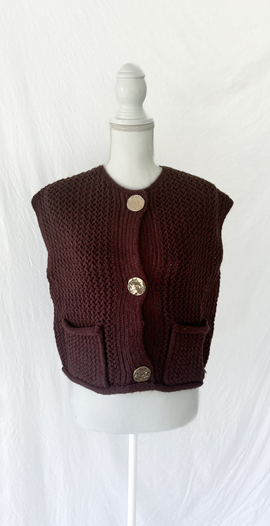 Brown Knitted Vest Top With Gold Buttons