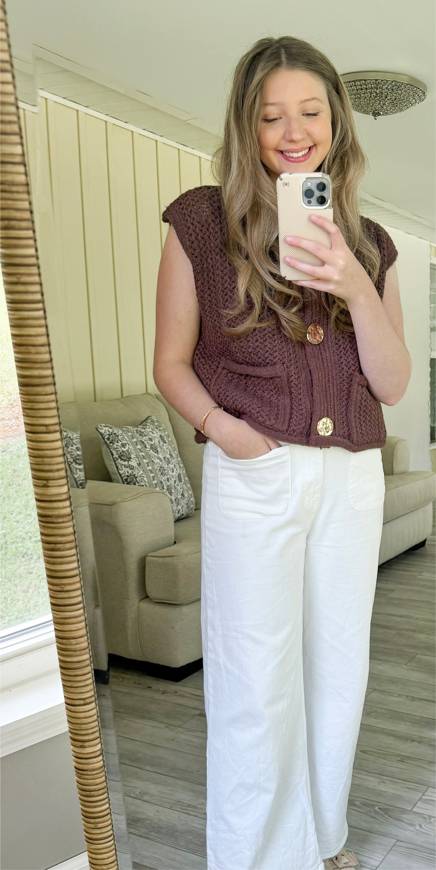 Brown Knitted Vest Top With Gold Buttons