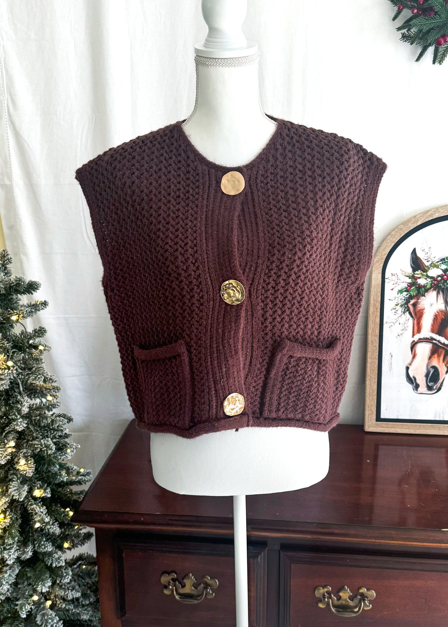 Brown Knitted Vest Top With Gold Buttons