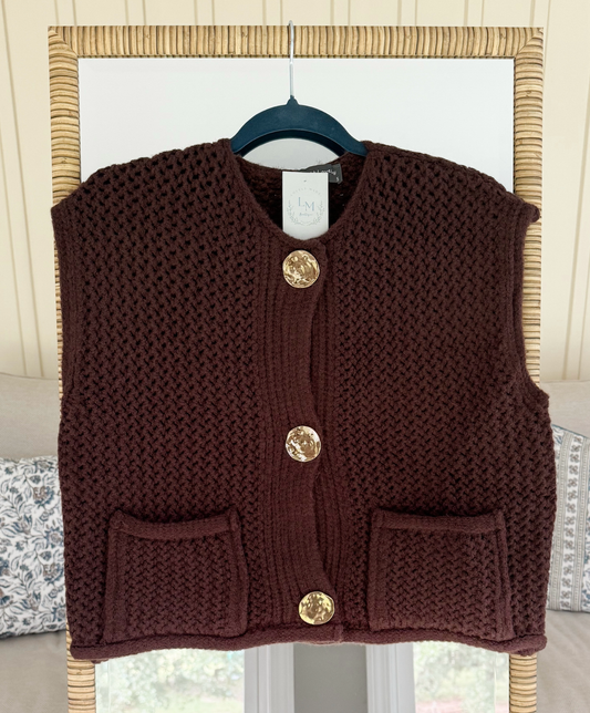 Brown Knitted Vest Top With Gold Buttons