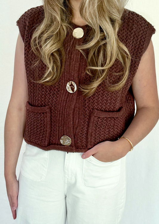 Brown Knitted Vest Top With Gold Buttons